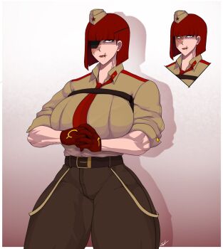 1girl belt blind breasts communism communist_flag eyepatch female_focus gloves hat highres jewelry large_breasts looking_at_viewer military military_uniform muscular muscular_arms muscular_female necklace original red_eyes red_hair scar short_hair solo thick_thighs thighs threatening