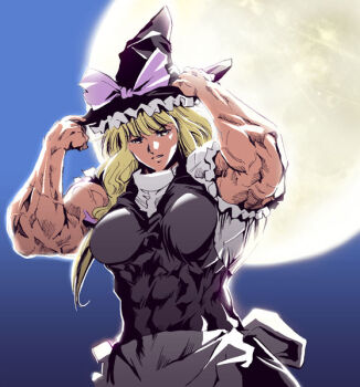 1girl abs blonde_hair cho_marisa female_focus hat kirisame_marisa moon muscular muscular_female solo touhou wi-z_garage witch