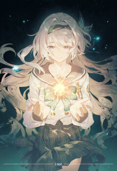 1girl aqua_bow aqua_bowtie artist_name black_hairband black_skirt bow bowtie chinese_commentary closed_mouth commentary_request facing_viewer firefly_(honkai:_star_rail) firefly_(spring_missive)_(honkai:_star_rail) grey_hair hair_intakes hair_spread_out hairband highres honkai:_star_rail honkai_(series) long_hair long_sleeves multicolored_eyes object_floating_above_hand plaid_clothes plaid_skirt sailor_collar sailor_shirt shirt skirt solo very_long_hair yumero
