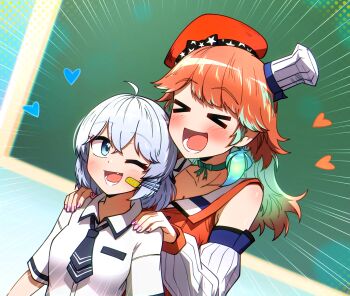 &gt;_&lt; 2girls :d ahoge bandaid bandaid_on_face beret blue_eyes blush bow bow_choker chef_hat choker closed_eyes ddolbang detached_sleeves earrings emphasis_lines fang feather_earrings feathers gosegu gradient_hair hair_between_eyes hair_ornament hat heart highres hololive hololive_english jewelry mini_chef_hat multicolored_hair multiple_girls necktie one_eye_closed open_mouth orange_hair short_hair smile takanashi_kiara takanashi_kiara_(1st_costume) virtual_youtuber waktaverse white_hair xd
