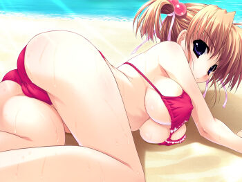 Rule 34 | 1girl, ass, beach, blonde hair, blush, breasts, cleft of venus, covered erect nipples, female focus, hair ribbon, highres, large breasts, looking at viewer, lying, nipples, purple eyes, pussy, ribbon, shintarou, short hair, solo, sweat, swimsuit, twintails, underboob