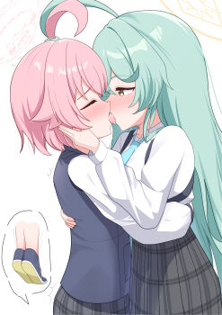 2girls absurdres ahoge ahoges_touching aqua_hair black_skirt black_vest blue_archive blue_necktie blush closed_eyes commentary_request french_kiss halo highres hoshino_(blue_archive) kiss long_hair multiple_girls natukuzira necktie pink_hair plaid_clothes plaid_skirt pleated_skirt saliva saliva_trail school_uniform shirt short_hair skirt tiptoes tongue tongue_out vest white_shirt yellow_eyes yume_(blue_archive) yuri