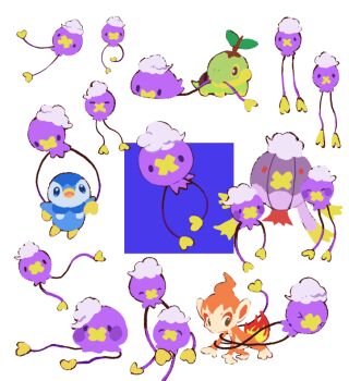 Rule 34 | black eyes, carrying, chimchar, closed mouth, drifblim, drifloon, fire, gen 4 pokemon, nintendo, no humans, piplup, pokemon, pokemon (creature), pokemon focus, purano7, red eyes, sprout on head, tassel, turtwig, yellow eyes