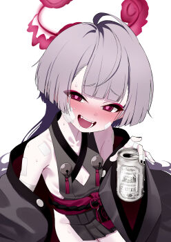 1girl :d bare_shoulders bell black_nails blue_archive blush can commentary_request drink_can drunk fang gauze gauze_on_cheek grey_hair halo highres holding holding_can japanese_clothes jingle_bell long_hair looking_at_viewer obi odaneru_apart open_mouth red_eyes red_halo sash shuro_(blue_archive) sideless_kimono simple_background smile solo white_background