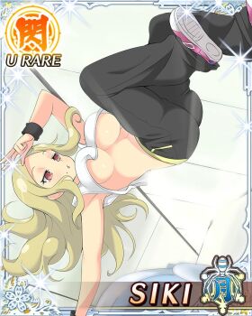 1girl :o armpit_crease ass black_pants blonde_hair border breasts card_(medium) character_name crop_top cropped_shirt game_cg handstand large_breasts long_hair looking_at_viewer looking_to_the_side middle_part mole mole_under_mouth multiple_wristbands navel official_art one_arm_handstand pants parted_bangs red_eyes senran_kagura senran_kagura_new_wave shiki_(senran_kagura) shoes sneakers solo sweatpants tank_top third-party_source underboob v white_tank_top