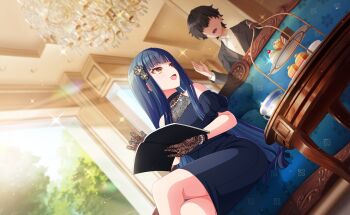 1girl blurry blurry_background blush depth_of_field game_cg gym_uniform highres indoors looking_at_viewer looking_back no_shoes pink_hair purple_eyes senju_koyomi shirt shoes short_hair short_sleeves sitting socks solo third-party_source uwabaki white_shirt world_dai_star