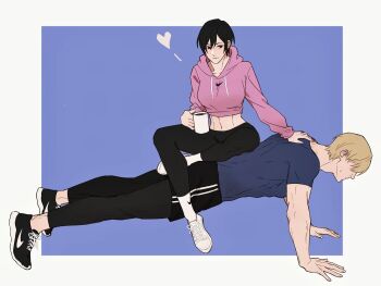 1boy 1girl aaamber_22 abs ada_wong alternate_costume black_hair black_pants black_shoes black_shorts blonde_hair blue_background blue_shirt border breasts closed_mouth cropped_hoodie cup exercising full_body hair_between_eyes hair_over_eyes hand_on_another's_back highres holding holding_cup hood hood_down hoodie leon_s._kennedy light_smile looking_at_another medium_breasts midriff muscular muscular_male navel pants pants_under_shorts pink_hoodie push-ups resident_evil shirt shoes short_hair shorts sitting sitting_on_person sneakers sweatdrop tight_clothes tight_shirt white_border white_shoes