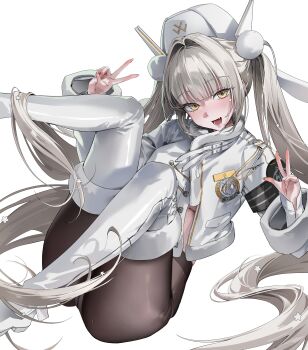 Rule 34 | 1girl, absurdres, black pantyhose, blanc (fortune express) (nikke), blanc (nikke), boots, breasts, chii (chiiriring), coat, double v, fur-trimmed headwear, fur trim, goddess of victory: nikke, hair intakes, hashtag-only commentary, hat, highres, long hair, looking at viewer, medium breasts, official alternate costume, official alternate hairstyle, pantyhose, simple background, solo, twintails, v, very long hair, white background, white boots, white coat, white hair, white hat, winter clothes, winter coat, yellow eyes