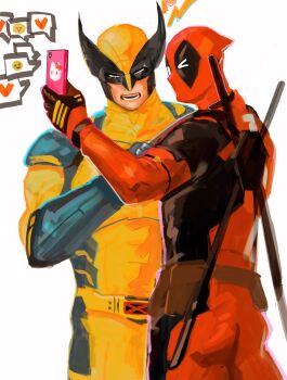2boys black_gloves bodysuit cellphone deadpool deadpool_&amp;_wolverine deadpool_(series) gloves hamu_popopo hello_kitty highres holding holding_phone male_focus marvel multicolored_bodysuit multiple_boys muscular muscular_male one_eye_closed open_mouth phone red_bodysuit red_mask sanrio smartphone spoken_expression superhero_costume teeth two-tone_bodysuit wolverine_(x-men) x-men yellow_bodysuit
