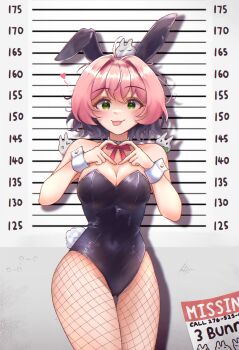 1girl ahoge animal_ears bare_shoulders blush breasts bunny_day collarbone detached_collar english_text fake_animal_ears fake_tail finger_heart fishnet_thighhighs fishnets four-finger_heart_hands green_eyes h3p0 heart heart_hands height_mark highres looking_at_viewer medium_breasts osu! pink_hair pippi_(osu!) playboy_bunny rabbit_ears rabbit_tail short_hair solo tail thighhighs tongue tongue_out wrist_cuffs