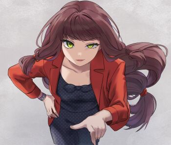 1girl :d backlighting black_dress blunt_bangs bracelet breasts brown_hair collarbone commentary_request cowboy_shot dress fingernails foreshortening green_eyes grey_background hand_on_own_hip highres i.no jacket jewelry lapels leaning_forward lila_rossi long_hair long_sleeves looking_at_viewer low-tied_long_hair low-tied_sidelocks miraculous_ladybug notched_lapels open_clothes open_jacket open_mouth pink_lips polka_dot polka_dot_dress red_jacket sidelocks simple_background small_breasts smile solo standing straight-on swept_bangs uneven_eyes v-shaped_eyebrows very_long_hair wind