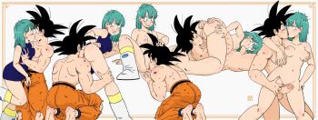 1boy 1girl 69 anilingus aqua_hair ass bare_arms bare_legs bare_shoulders bent_over black_eyes black_hair blue_dress blue_eyes blush breasts bulma clothed_female_nude_male clothed_male_nude_female collarbone completely_nude couple cunnilingus dragon_ball dragon_ball_(classic) dress earrings erection fellatio grabbing_another's_breast groping hetero highres hug jewelry kiss long_hair looking_at_another looking_back medium_breasts muscular muscular_male neck nipples no_panties nude oca-world oral penis pussy sequential short_dress short_hair sleeveless sleeveless_dress sleeveless_turtleneck son_goku spread_legs standing surprised turtleneck uncensored