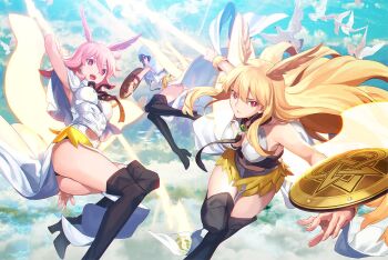 3girls aora armor armored_dress ass bare_shoulders black_hair blonde_hair blush breasts capelet cleavage dress energy_spear energy_weapon energy_wings hair_between_eyes hair_spread_out head_wings highres hildr_(fate) hood hooded_capelet jewelry large_breasts long_hair looking_at_viewer multiple_girls navel open_mouth ortlinde_(fate) pink_hair red_eyes shield short_hair smile takeuchi_takashi_(style) thick_thighs thighs thrud_(fate) valkyrie_(fate) very_long_hair weapon white_capelet wings yellow_wings