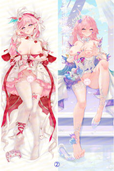 2girls aqua_hair beret blush breasts censored cirnos commentary_request company_connection controller cyrene_(honkai:_star_rail) cyrene_(ripples_of_past_reverie)_(honkai:_star_rail) dakimakura_(medium) diamond-shaped_pupils diamond_(shape) dress earrings elf elysia_(hi_love_elf)_(honkai_impact) elysia_(honkai_impact) flower game_controller hair_flower hair_ornament hat heart heart_hands high_heels highres honkai:_star_rail honkai_(series) honkai_impact_3rd inoue_marina jewelry large_breasts licking_lips long_hair lying merchandise_available multicolored_hair multiple_girls nipples no_panties on_back pink_hair pointy_ears purple_eyes red_dress single_bare_foot single_hiphigh smile soles symbol-shaped_pupils thighhighs toes tongue tongue_out two-tone_dress two-tone_hair very_long_hair voice_actor_connection white_dress white_hair white_thighhighs yanning