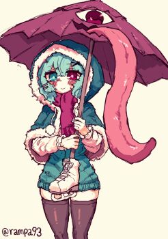 1girl alternate_costume black_thighhighs blue_eyes blue_hair blue_hood blue_sweater blush closed_mouth fur_trim hair_between_eyes heterochromia highres holding holding_umbrella hood ice_skates pom_pom_(clothes) rampa93 red_eyes red_scarf scarf skates smile solo sweater tatara_kogasa thighhighs thighs tongue touhou twitter_username umbrella yellow_background zettai_ryouiki