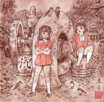 2girls animal bird black_eyes black_hair blush bow crossed_arms dress flower forest fractal_underground_studio grass hair_bow hairband industrial_pipe kneehighs long_hair looking_at_viewer machinery multiple_girls nature original parted_lips plant puffy_sleeves red_bow red_dress red_shoes shoes short_hair short_sleeves sitting sky smile sneakers socks sparrow standing teeth traditional_media tree white_socks