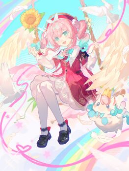1girl :d absurdres aqua_bow aqua_bowtie aqua_eyes aqua_hair bird black_shoes bow bowtie crown dididi_laonian_ka dove dress drill_hair feathered_wings feathers flower full_body gradient_hair hat highres honkai:_star_rail honkai_(series) hyacine_(honkai:_star_rail) long_hair long_sleeves looking_at_viewer medium_hair multicolored_hair on_swing open_mouth pantyhose pegasus pink_hair rainbow red_dress red_hat shoes sitting smile solo sunflower swing twin_drills twintails two-tone_hair white_pantyhose white_wings wings