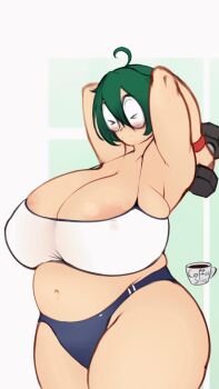 >_< 1girl ahoge animated animated_gif areola_slip bare_shoulders belly blush breasts bursting_breasts cleavage coffee_mug coffeeslice cup exercising fat fat_woman female_focus glasses green_hair huge_breasts looping_animation mug navel nerd_(coffeeslice) original plump round_eyewear skindentation solo thick_thighs thighs weightlifting
