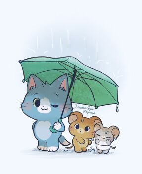:3 ;3 animal animal_focus artist_name ayu_(mog) blush_stickers cat closed_eyes closed_mouth commentary dot_mouth green_umbrella holding holding_umbrella jerry_(tom_and_jerry) mouse_(animal) nibbles no_humans one_eye_closed rain simple_background symbol-only_commentary tom_(tom_and_jerry) tom_and_jerry twitter_username umbrella water_drop whiskers white_background