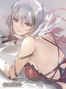 1girl artist_request back breasts code_vein commentary_request dress eva_roux feather_boa gloves grey_hair highres large_breasts lying medium_hair multicolored_hair official_art on_stomach red_dress scar scar_on_arm scar_on_back scar_on_face smile streaked_hair