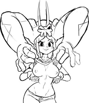 breasts breasts_out cerebella_(skullgirls) cleft_of_venus clothes_lift facial_tattoo hat highres large_breasts looking_at_viewer midriff navel nipples presenting_breasts shirt_lift sketch skullgirls tattoo teevo