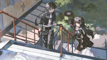 1boy 1girl absurdres arm_cutout arm_up black_gloves black_hair black_jacket black_pants black_shirt black_skirt chisa_(wuthering_waves) clothing_cutout commentary english_commentary gloves grey_shirt hand_on_own_head highres jacket kimi_no_na_wa. long_hair long_sleeves looking_at_another male_rover_(wuthering_waves) neckerchief pants red_eyes red_neckerchief rover_(wuthering_waves) sailor_collar saturn_(saturn_illus) scene_reference shirt skirt white_sailor_collar wuthering_waves yellow_eyes