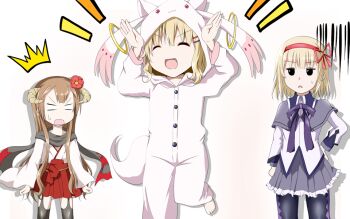 Rule 34 | >:d, 3girls, :3, :d, ^^^, akemi homura, akemi homura (cosplay), akemi homura (magical girl), argyle clothes, argyle legwear, barefoot, black legwear, blonde hair, brown hair, buttons, cosplay, f15eagle (artist), fang, flower, hair flower, hair ornament, hairclip, hand on own hip, hidaka rina, horns, inu x boku ss, japanese clothes, jitome, katou emiri, kyubey, kyubey (cosplay), long hair, mahou shoujo madoka magica, mahou shoujo madoka magica (anime), multicolored legwear, multiple girls, oomuro hanako, oomuro nadeshiko, oomuro sakurako, open mouth, pantyhose, parallel hairclips, saitou chiwa, shirakiin ririchiyo, shirakiin ririchiyo (cosplay), siblings, silhouette, sisters, smile, sweatdrop, toes, v-shaped eyebrows, voice actor connection, yuruyuri