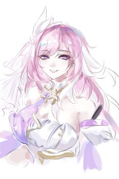 1girl bare_shoulders breasts chinese_commentary commentary_request diamond-shaped_pupils diamond_(shape) elysia_(herrscher_of_human:_ego)_(honkai_impact) elysia_(honkai_impact) hair_ornament heartlessx highres honkai_(series) honkai_impact_3rd large_breasts long_hair looking_at_viewer multicolored_hair pink_hair purple_eyes simple_background smile solo symbol-shaped_pupils triquetra two-tone_hair upper_body very_long_hair white_background white_hair