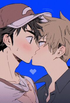 2boys absurdres arm_up baseball_cap black_hair black_shirt blue_background blue_oak blush brown_eyes clothes_grab collared_shirt commentary_request from_side grabbing_another's_shirt hat highres kiss male_focus medium_sideburns multiple_boys nervous_sweating nintendo open_collar parted_bangs pk_rgr96 pokemon pokemon_sm profile red_(pokemon) shirt sideburns simple_background sweat t-shirt white_shirt wide-eyed yaoi