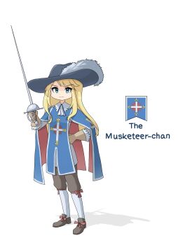 Rule 34 | 1girl, ascot, banner, battle standard, blonde hair, blue coat, blue eyes, bow, breeches, brown gloves, brown shorts, cape, character name, closed mouth, coat, collar, commentary, cross, english commentary, english text, fleur-de-lis, france, full body, fur hat, fur trim, gloves, hand on own hip, hat, heraldry, highres, holding, holding sword, holding weapon, invisible floor, kneehighs, leochan1202, long coat, long hair, looking at viewer, musketeer, original, pink bow, rapier, real life, red cape, ribbon, shadow, shoes, shorts, simple background, smile, socks, soldier, solo, standing, sword, tabard, war banner, weapon, white background, white collar