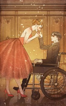 Rule 34 | 1boy, 1girl, absurdres, backless dress, backless outfit, bare arms, bare shoulders, black hair, black jacket, black pants, black shoes, black suit, bow, bowtie, breasts, collared shirt, couple, dress, ehye520, eyepatch, formal clothes, full body, glasses, hair bun, halterneck, hange zoe, hashtag-only commentary, hetero, high heels, highres, holding hands, indoors, jacket, leaning forward, levi (shingeki no kyojin), medium breasts, medium hair, open mouth, pants, parted bangs, parted lips, pumps, red dress, red shoes, shingeki no kyojin, shirt, shoes, short hair, smile, stiletto heels, suit, suit jacket, updo, wheelchair, white bow, white bowtie