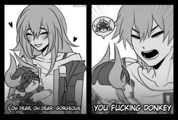 Rule 34 | 1boy, 1girl, ?, absurdres, animal ears, animal nose, artist name, blush, border, caelus (honkai: star rail), chimera (honkai: star rail), closed eyes, coat, collarbone, commentary, creature, dual persona, english commentary, english text, gloves, greyscale, hair between eyes, heart, highres, holding, honkai: star rail, honkai (series), hood, hooded coat, horns, jacket, long hair, long sleeves, lygus (honkai: star rail), meme, monochrome, motion lines, open clothes, open coat, open jacket, open mouth, redcallisto, screaming, shirt, short hair, sidelocks, simple background, smile, speech bubble, stelle (honkai: star rail), t-shirt, tail, teeth, trailblazer (honkai: star rail), upper body, v-shaped eyebrows