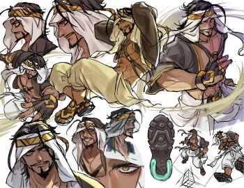 Rule 34 | 1boy, abs, aerokinesis, bare pectorals, black gloves, commentary request, facial hair, fingerless gloves, gloves, grin, headband, long hair, looking to the side, male focus, multiple views, pants, parted hair, pectorals, rashid (street fighter), sandals, sassa (cb), sideways glance, sketch, smile, street fighter, street fighter 6, toned, toned male, turban, white background, white pants, wind