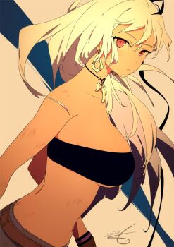 1girl bare_shoulders black_hair black_tube_top bone_necklace breasts closed_mouth commentary_request dark-skinned_female dark_skin earrings from_side hair_between_eyes jewelry juken_no_hime_no_overkill large_breasts long_hair looking_at_viewer multicolored_hair red_eyes shea_kyle signature simple_background sohin solo strapless tribal tube_top white_hair