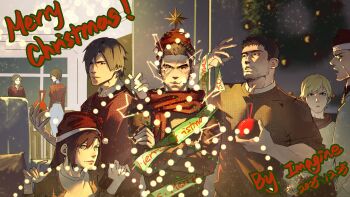 Rule 34 | 2girls, 4boys, absurdres, black shirt, brother and sister, brown hair, character request, chris redfield, christmas lights, christmas tree costume, claire redfield, commentary, curtained hair, english commentary, glowing, hand up, hat, highres, holding ornament, imagine (imagine7243618), leon s. kennedy, merry christmas, multiple boys, multiple girls, piers nivans, pointing with thumb, ponytail, rebecca chambers, resident evil, resident evil 6, santa hat, shirt, siblings, smile, star (symbol), t-shirt, toned, toned male, upper body