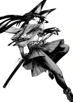 Rule 34 | 1girl, animal ear fluff, animal ears, artist name, black hair, black pantyhose, black shoes, black skirt, chuckuddin, commentary, fingerless gloves, fox ears, fox girl, from side, gloves, greyscale, high-waist skirt, highres, hoshimi miyabi, jacket, leg up, long hair, looking at viewer, monochrome, pantyhose, sheath, sheathed, shirt, shoes, signature, simple background, single fingerless glove, skirt, solo, untranslatable commentary, white background, white shirt, zenless zone zero