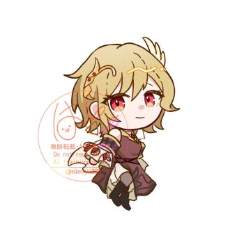 Rule 34 | 1girl, blonde hair, boots, brown dress, chibi, chibi only, citrinne (fire emblem), dress, earrings, fire emblem, fire emblem engage, gold trim, jewelry, nimiya280, nintendo, red eyes, solo