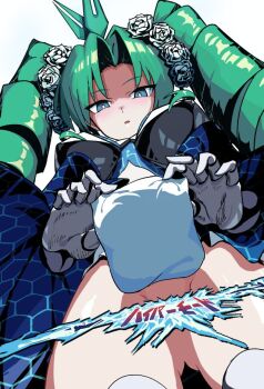 1girl antenna_hair blue_dress blue_eyes breasts censored censored_text clothes_lift dentosaginuma dress dress_lift drill_hair duel_masters duel_masters_play's emperor_kiriko_(duel_masters) flower from_below green_hair hair_flower hair_ornament kiriko_(duel_masters) long_hair open_mouth shaded_face silver_gloves solo twin_drills white_background