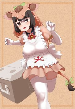Rule 34 | 1girl, absurdres, animal ears, apron, bell, black eyes, black hair, brown background, brown hair, commentary request, cow ears, cow girl, cow tail, cowbell, dress, elbow gloves, extra ears, gloves, highres, jersey cattle (kemono friends), kemono friends, long hair, looking at viewer, multicolored hair, pleated skirt, rest in muni, ribbon, simple background, skirt, solo, tail, thighhighs, two-tone hair