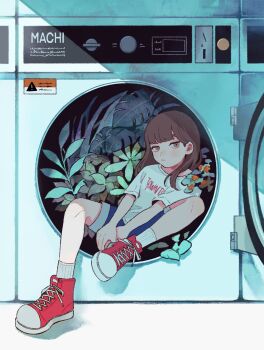 1girl blue_shorts brown_eyes brown_hair closed_mouth clothes_writing commentary english_commentary expressionless full_body highres in_washing_machine leaf long_hair looking_at_viewer mmmmm_088 original plant red_shoes shirt shoes short_sleeves shorts sign sitting sneakers socks solo t-shirt warning_sign washing_machine white_shirt white_socks