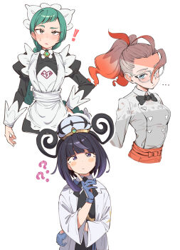 ! 3girls ? apron belt black_bow black_bowtie black_dress black_hair black_romper blue_eyes blue_gloves blunt_bangs blush bob_cut bow bowtie braid braided_ponytail breasts closed_mouth coat dress eitopondo glasses gloves gradient_hair green_hair griselle_(pokemon) gwynn_(pokemon) hat highres juliet_sleeves lebanne_(pokemon) long_braid long_hair long_sleeves looking_at_viewer maid maid_apron maid_headdress medium_breasts mega_stone multicolored_hair multiple_girls nintendo o-ring o-ring_belt open_clothes open_coat orange_apron orange_hair partially_fingerless_gloves pokemon pokemon_legends:_z-a ponytail puffy_sleeves purple_eyes purple_hair red_hair romper shirt short_hair simple_background split_ponytail sweatdrop tsurime two-tone_hair waist_apron white-framed_eyewear white_background white_bow white_bowtie white_coat white_hair white_shirt