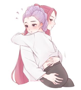 Rule 34 | 2girls, ?, ??, arms around neck, black skirt, blush, closed mouth, commentary, hand on another's waist, hand under clothes, hand under shirt, highres, hug, kpop demon hunters, long hair, long sleeves, mira (kpop demon hunters), multiple girls, parted lips, purple eyes, purple hair, red hair, rumi (kpop demon hunters), shirt, simple background, skirt, twitter username, usagimochi0728, white background, white shirt, yuri