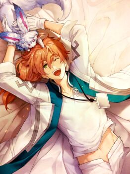 Rule 34 | 1boy, arms up, bed sheet, coat, commentary request, cowboy shot, creature, fate/grand order, fate (series), fou (fate), gloves, green eyes, hair between eyes, happy, highres, lanyard, looking at creature, lying, male focus, midriff, navel, on back, one eye closed, open clothes, open coat, open fly, open mouth, orange hair, pants, ponytail, romani archaman, shirt, smile, teeth, upper teeth only, white coat, white gloves, white pants, white shirt, yokota mamoru