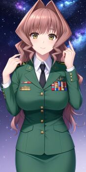 1girl black_necktie breasts brown_eyes brown_hair green_jacket green_skirt jacket jinguuji_marimo military military_uniform muv-luv necktie night night_sky pencil_skirt shirt skirt sky white_shirt