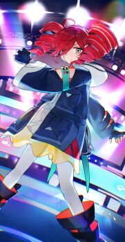 absurdres ahoge black_boots black_gloves black_jacket boots closed_mouth drill_hair expressionless fingerless_gloves gloves grey_eyes hair_over_one_eye headphones highres jacket kasane_teto knee_boots looking_at_viewer nanagom nintendo pantyhose pokemon project_voltage red_hair rival_teto_(project_voltage) screen shirt skirt stage stage_lights standing symbol-shaped_pupils triangle-shaped_pupils twin_drills utau vocaloid white_pantyhose white_shirt yellow_skirt