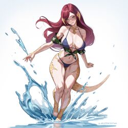 Rule 34 | 1girl, absurdres, armpit crease, au ra, barefoot, bikini, black bikini, breasts, commission, dragon horns, dragon tail, eyebrows hidden by hair, final fantasy, final fantasy xiv, full body, gluteal fold, grey eyes, groin, highres, horns, in water, large breasts, lips, long hair, looking at viewer, navel, open mouth, outstretched arms, red hair, scales, seventeencrows, signature, simple background, smile, solo, splashing, spread arms, stomach, swimsuit, tail, thick thighs, thighs, toned female, walking, warrior of light (ff14), white background