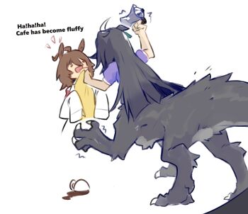 2girls :d absurdres agnes_tachyon_(tach-nology)_(umamusume) agnes_tachyon_(umamusume) ahoge animal_ears black_hair brown_hair clothes_grab coffee_maker collar_grab commentary cup english_commentary english_text highres horse_ears huge_ahoge lab_coat long_hair long_sleeves manhattan_cafe_(umamusume) monster_girl multiple_girls neckwear_grab old-night open_mouth puffy_short_sleeves puffy_sleeves purple_shirt school_uniform shirt short_sleeves simple_background sleeves_past_fingers sleeves_past_wrists smile spill sweater taur teacup threat tracen_school_uniform umamusume very_long_hair white_background yellow_sweater