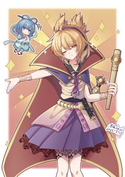 Rule 34 | 2girls, absurdres, artist name, blonde hair, blue dress, blue eyes, blue hair, bracelet, cape, chibi, chinese commentary, closed mouth, commentary request, dated, dress, earmuffs, hagoromo, hair ornament, hair rings, hair stick, highres, holding, jewelry, kaku seiga, lace, lace-trimmed skirt, lace trim, looking at viewer, luo chen levi, multiple girls, one eye closed, open clothes, open vest, pleated skirt, pointy hair, purple cape, purple skirt, red cape, ritual baton, shawl, sheath, sheathed, shirt, skirt, sleeveless, sleeveless shirt, smile, sparkle, sword, touhou, toyosatomimi no miko, two-sided cape, two-sided fabric, vest, weapon, white vest, yellow eyes