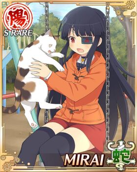 1girl :o animal black_choker black_hair black_thighhighs border card_(medium) cat character_name choker coat eyepatch fang flat_chest game_cg holding holding_animal holding_cat light_blush long_hair looking_at_animal mirai_(senran_kagura) mitsudomoe_(shape) official_art on_swing orange_coat playground red_eyes red_shorts senran_kagura senran_kagura_new_wave shorts solo swing swing_set thighhighs tomoe_(symbol)