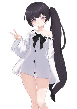 1girl absurdres black_hair closed_mouth commission feet_out_of_frame hand_up highres long_hair long_sleeves looking_at_viewer off_shoulder oldsickkim original purple_eyes see-through_silhouette shirt side_ponytail simple_background single_bare_shoulder sleeves_past_fingers sleeves_past_wrists smile solo standing thighs v very_long_hair white_background white_shirt wide_sleeves